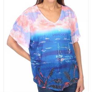 Art & Sol colorful nautical‎ artsy printed v-neck short sleeve sheer top